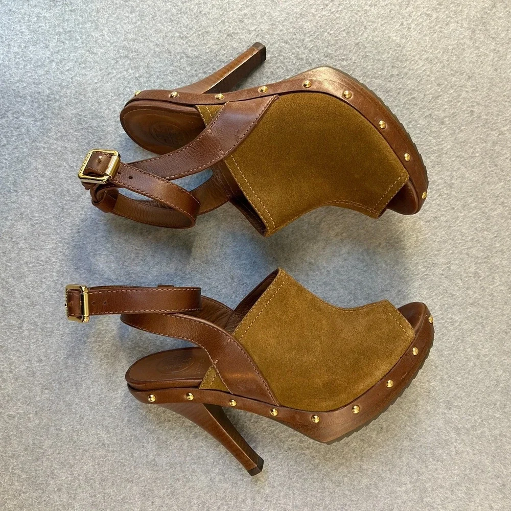 Tory Burch Bilson Heeled Clogs Shoes Brown Suede Leather Studded Womens Size 7